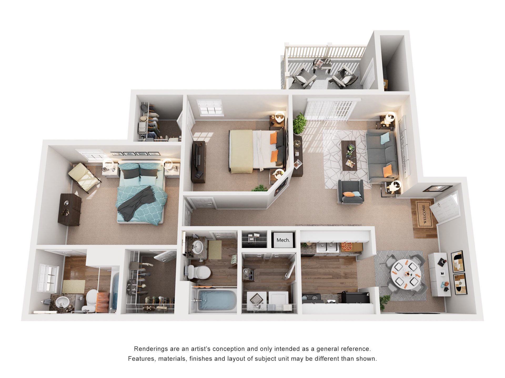 Floor plan for 2 beds, 2 baths, 1157 sqft